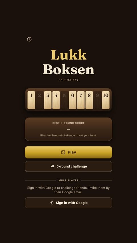 The Lukk Boksen home screen: a row of ten tiles with Play, 5-round challenge and multiplayer buttons